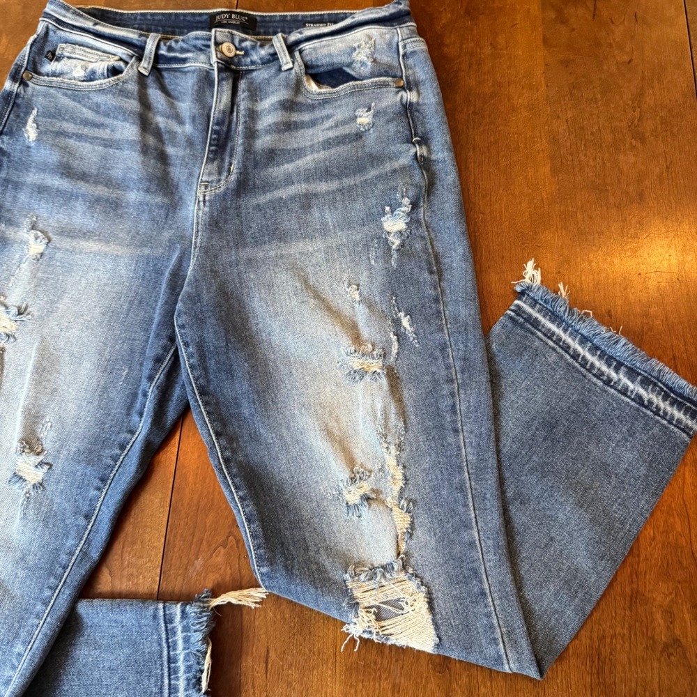 Judy Blue Straight Fit Jeans Women 13/31 Blue Excellent Distressed Frayed Hem